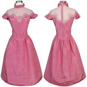 Vintage 70s 80s Pink Ruffle Sleeve Neck Taffeta Prom Gown Party Prom Dress S M